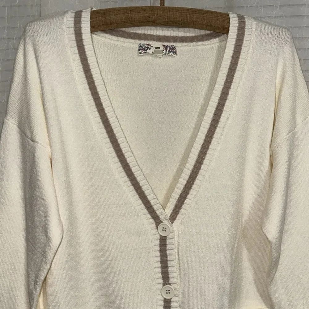 Pink Republic M Ivory Tan Stripe Trim Knit Button V-Neck Cardigan with Pockets - Picture 6 of 14
